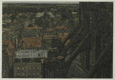 28921 Overzicht van de stad Utrecht vanaf het noordertransept op een gedeelte van de koorlantaarn van het koor van de ...